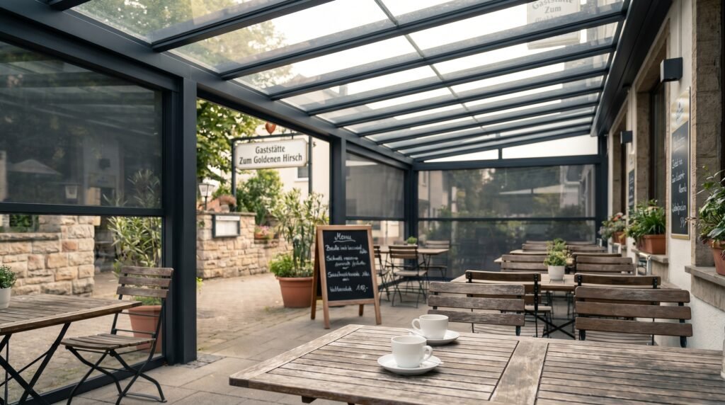Überdachte Terrasse mit Glaselementen zwischen den Sparren.