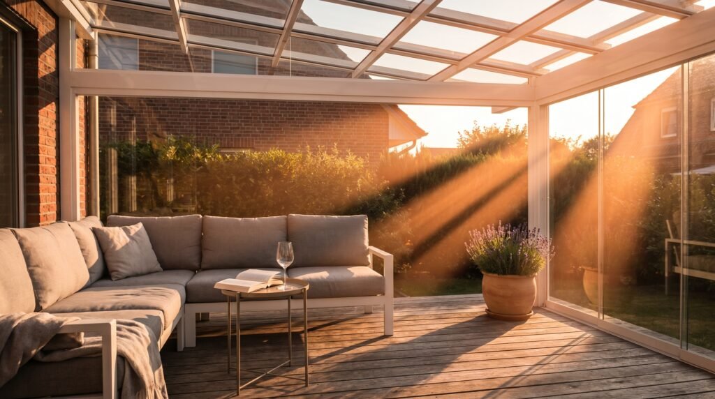 Windschutz aus Glas an einer Terrasse, klar und ohne Sichtverlust.